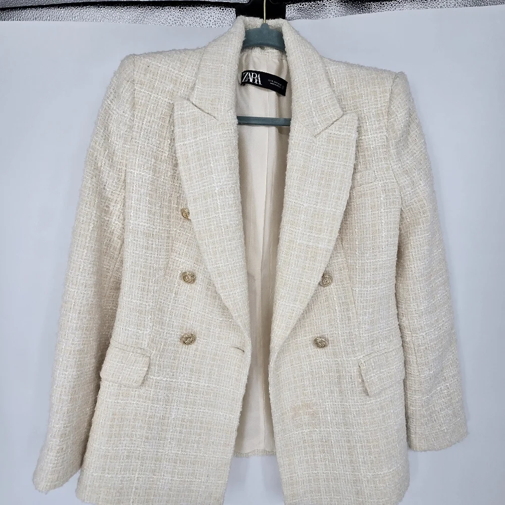 Zara cream tweed Double-Breasted Blazer - Picture 2 of 11